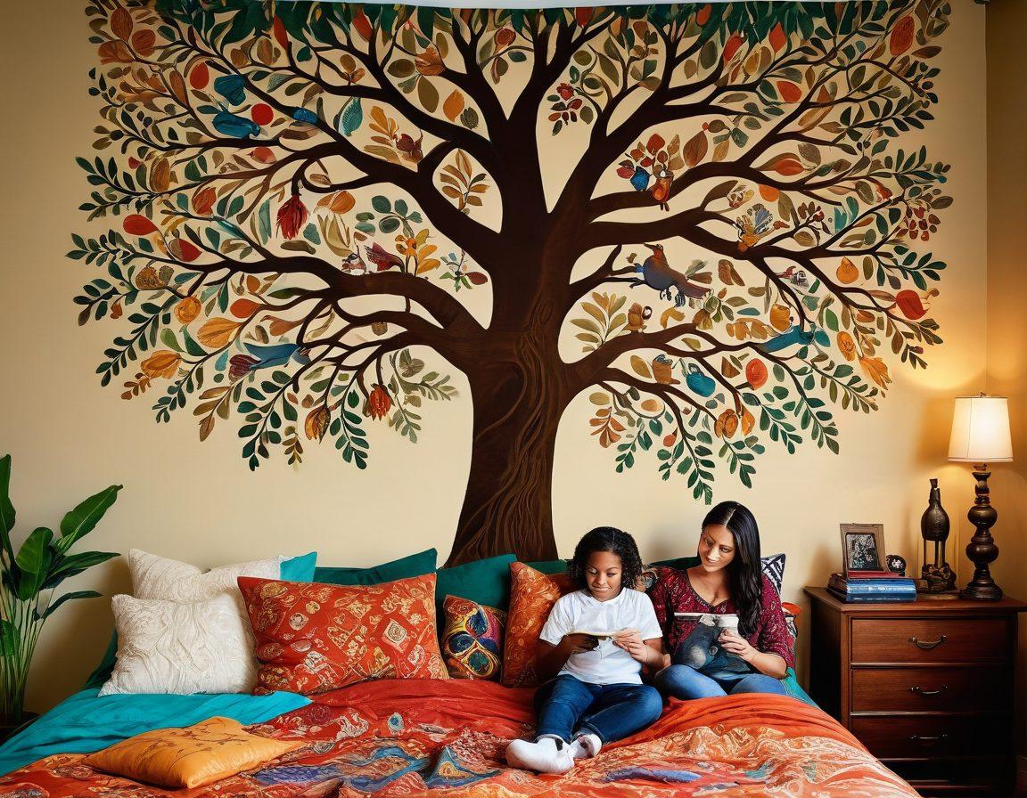 A visual tapestry showcasing a blend of diverse cultural artifacts, family portraits, and ancestral symbols intertwined with colorful threads. The background features a lush tree representing family roots, with subtle hints of historical documents scattered throughout. Include a soft glow to evoke warmth and connection to heritage. whimsical art style. vibrant colors. textured background.