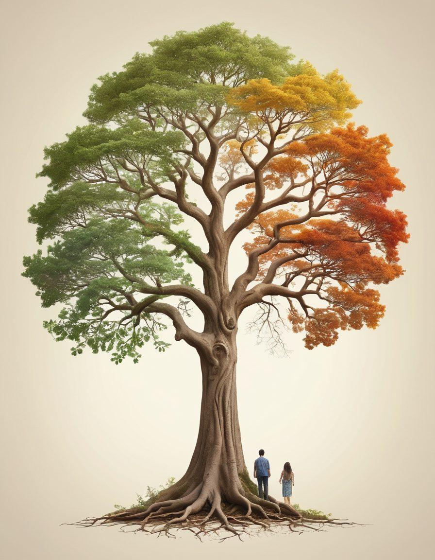A majestic historical tree with gnarled branches and lush green leaves on one side, transitioning into a modern family tree graphic with vibrant colors, connecting multiple generations of family members through digital lines. The background features a gentle gradient representing time, from sepia tones to bright modern hues, symbolizing the evolution of family legacy. super-realistic. vibrant colors. white background.