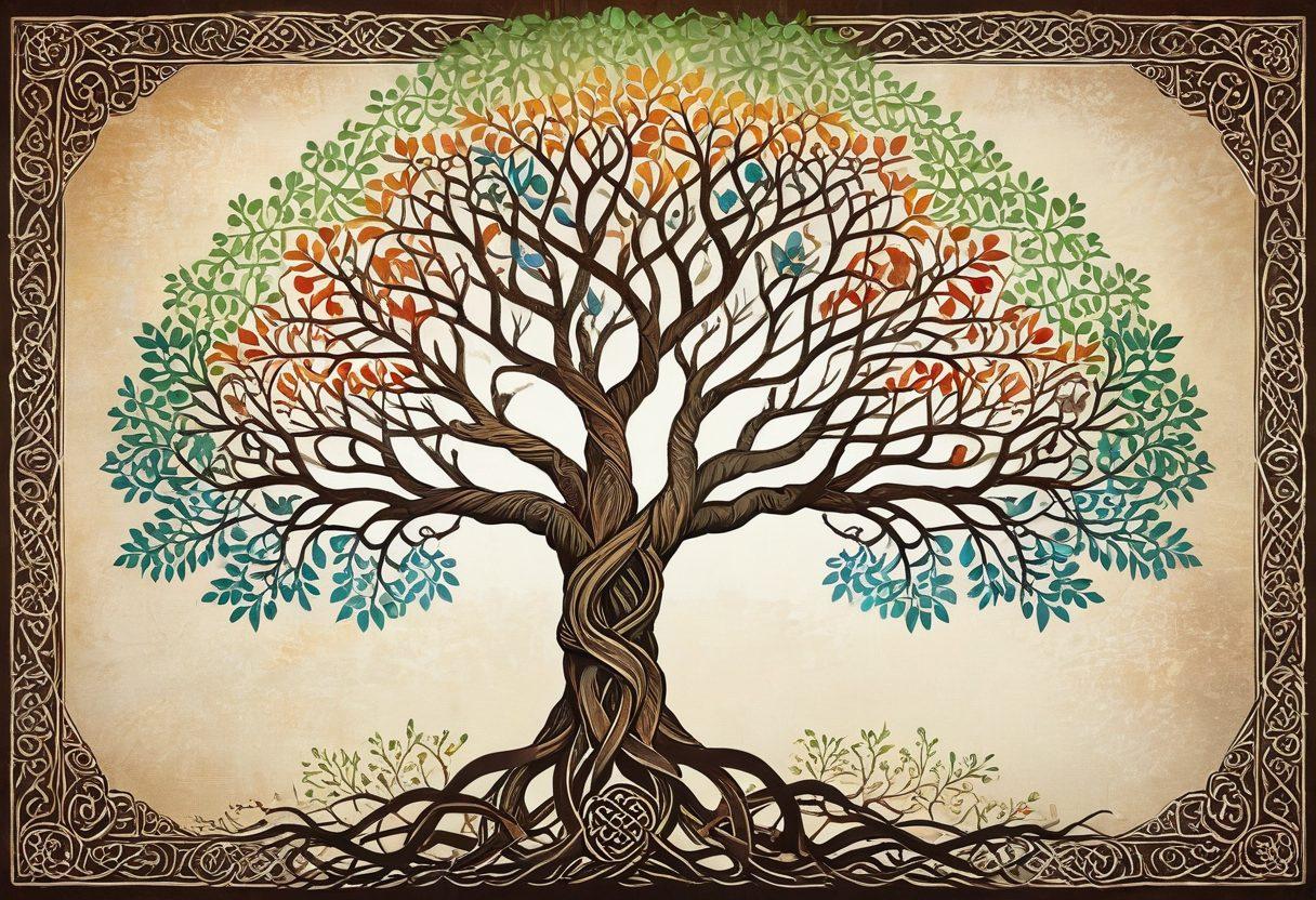 A captivating family tree elegantly illustrated with intertwining branches and vibrant leaves, showcasing diverse cultural symbols from various heritages like Celtic knots, African masks, Asian calligraphy, and Native American patterns. The background features a subtle gradient representing different earth tones, symbolizing the rich tapestry of ancestry. Include sketchbook textures to evoke a sense of discovery and exploration. digital art. vibrant colors. textured background.